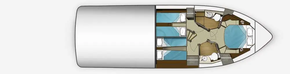 Nautical floor plan of a boat, featuring sleeping areas, bathrooms, and living space layout with blue cushions and wooden accents.
