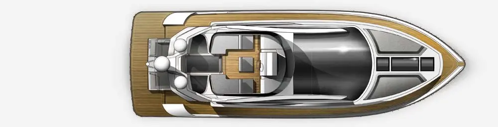 Top view of a sleek motor yacht featuring a wooden deck, central seating area, and storage compartments.
