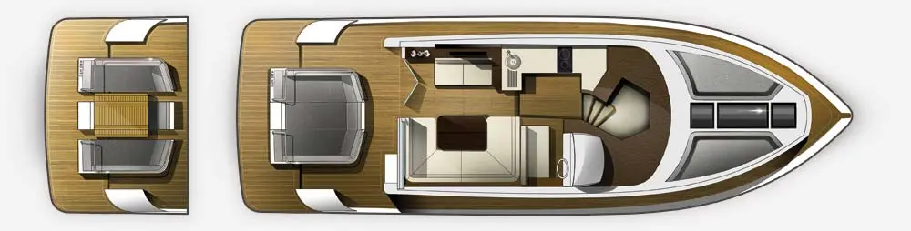 Top-down view of a modern boat interior featuring seating, a helm, and wooden flooring, highlighting luxury design elements.