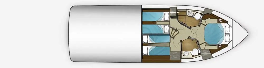Top-down view of a boat layout showing two cabins, a main seating area, and two bathrooms with beds and blue bedding.