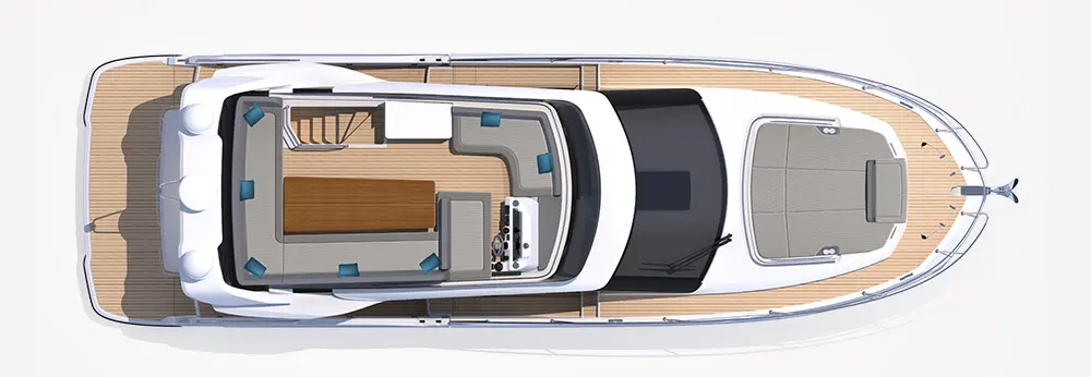 Aerial view of a modern boat deck featuring seating areas, a table, and stylish cushions, emphasizing luxury outdoor leisure.