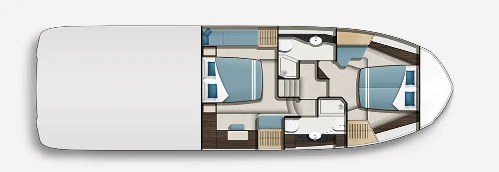 Boat interior layout featuring two bedrooms, two bathrooms, and a central living area with stylish furnishings and decor.