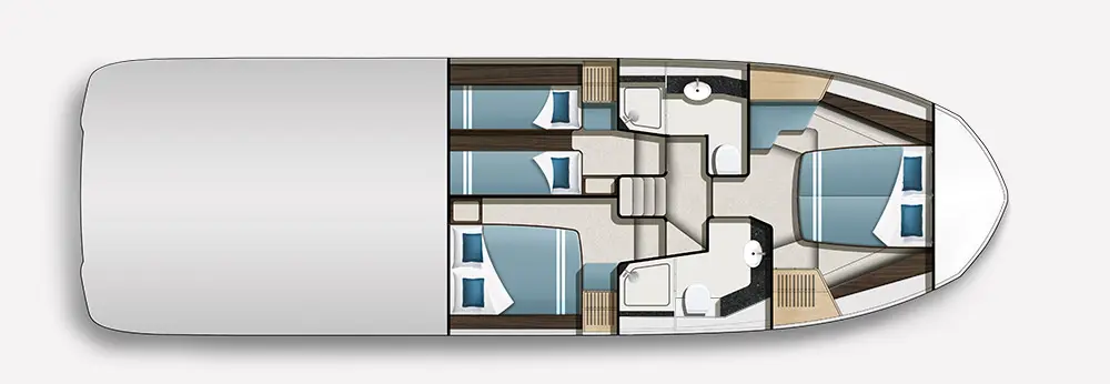 Top-down layout of a modern boat interior featuring bedrooms, bathrooms, and living spaces, with blue and white decor.