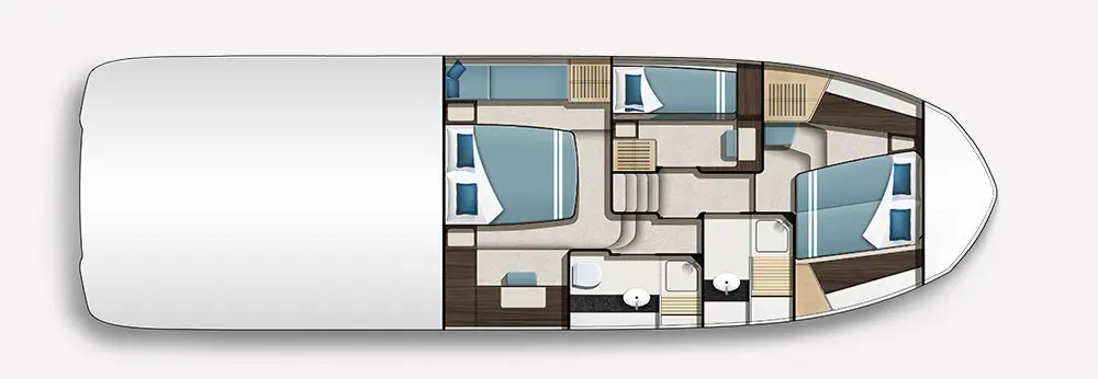 Top-down view of a yacht interior layout featuring two bedrooms, a bathroom, and living areas with modern furnishings.