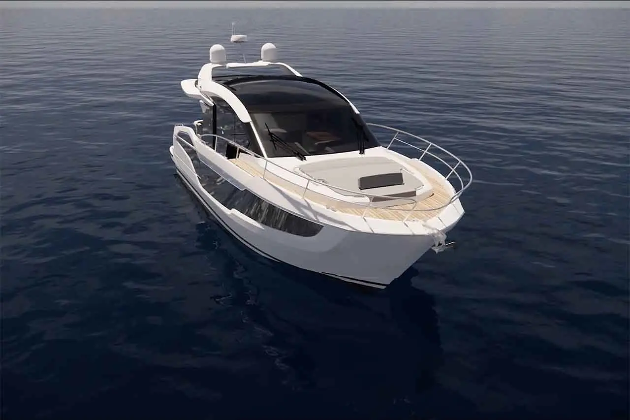 Luxury yacht with a sleek design, sailing on calm waters, featuring a spacious deck and modern cockpit.