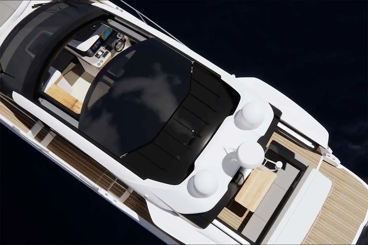 Aerial view of a sleek white yacht featuring a black canopy, wooden deck, and modern helm with digital displays.
