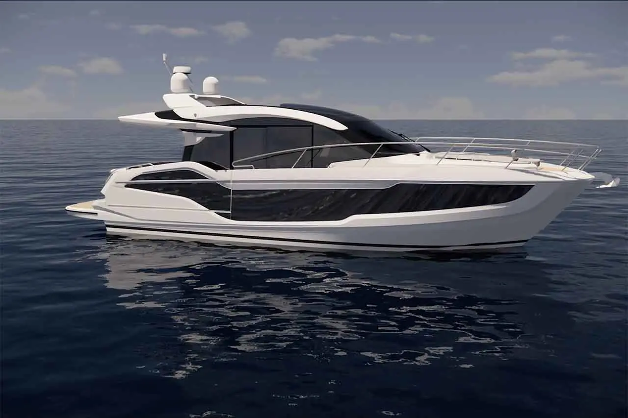 A sleek white yacht with modern design cruising on calm blue water under a clear sky, showcasing luxury boating features.