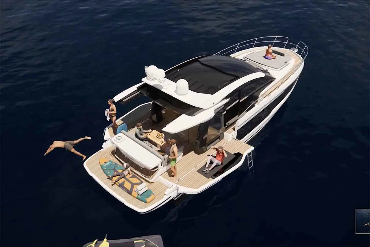 A luxury yacht on calm waters with six people enjoying activities, including diving, lounging, and dining outdoors.