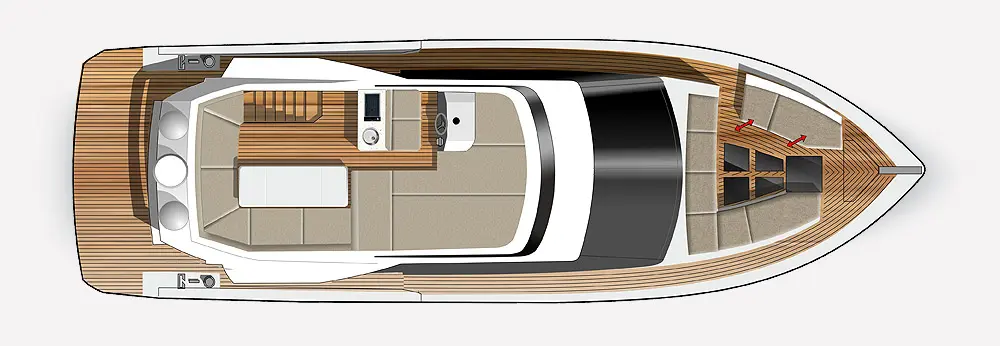 Top view of a modern boat layout featuring a seating area, kitchen, and deck with teak wood accents and storage spaces.