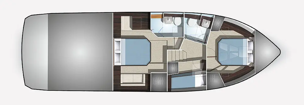 Boat interior layout showing two bedrooms, bathroom, kitchen area, stairs, and living space in a modern design.