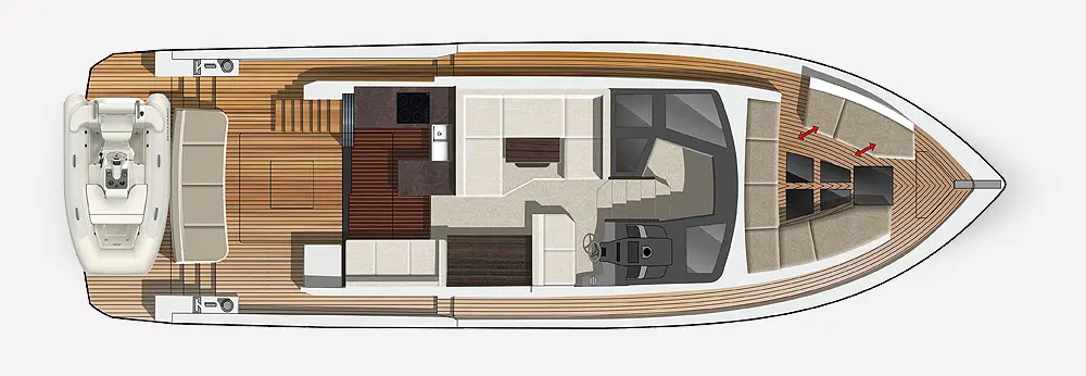 Top-down view of a luxury yacht interior featuring a helm, seating area, galley, and outdoor deck space with steps.