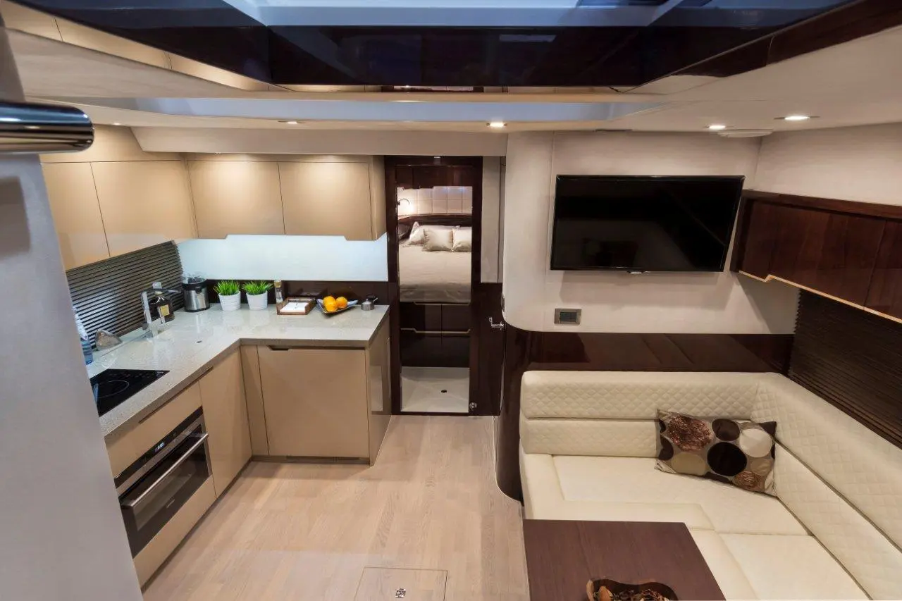 Modern yacht interior featuring a kitchen and lounge area, with a TV, seating, and decorative plants on the countertop.