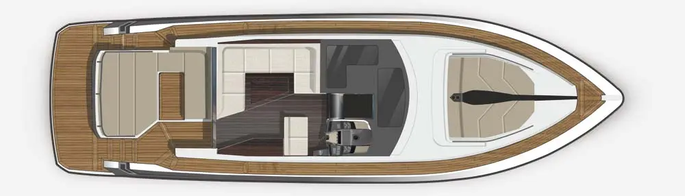 Top view of a luxury boat interior featuring seating areas, a helm, and a sunpad on a wooden deck.