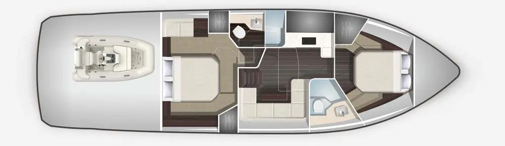 Floor plan of a luxury yacht interior showing living area, kitchen, and bedrooms, with modern furniture and sleek design.