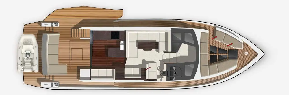 Top view of a luxury yacht interior layout, featuring seating areas, a dining table, and a helm station.