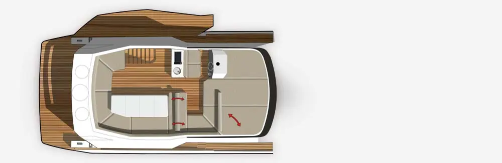 Boat interior layout with living area, seating, kitchenette, and sleeping area, featuring wood flooring and beige upholstery.