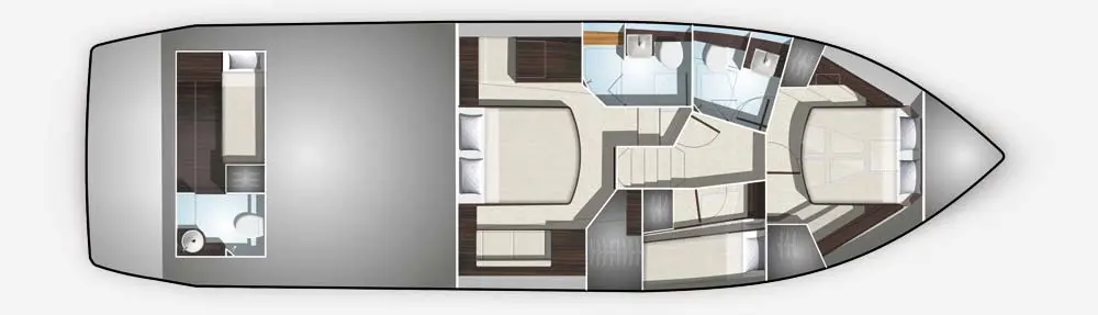 Luxury yacht layout showing two bedrooms, bathrooms, and an open living area with a kitchen. Detailed interior design elements visible.