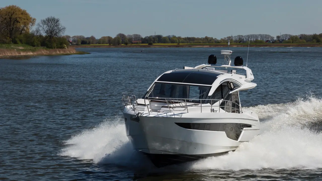 A sleek motorboat speeds through calm waters, creating waves, with trees and a blue sky in the background.