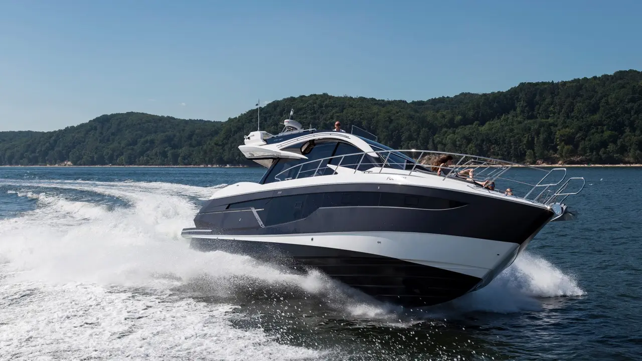 A sleek luxury boat glides through water, leaving a wake, surrounded by green hills under a clear blue sky.