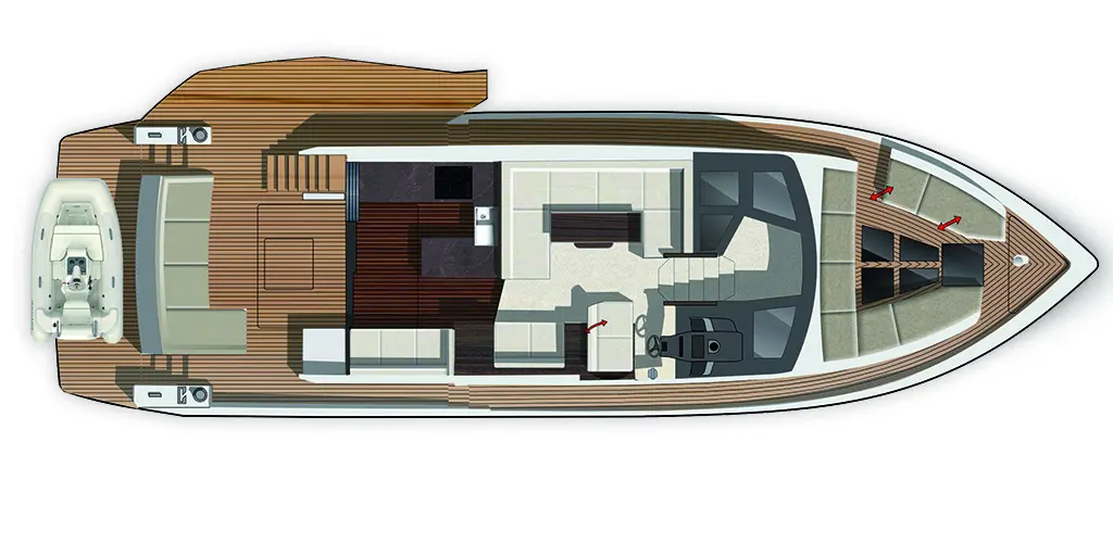 Top-down view of a luxury motorboat interior, featuring seating areas, a helm, and outdoor space highlighted in wood.