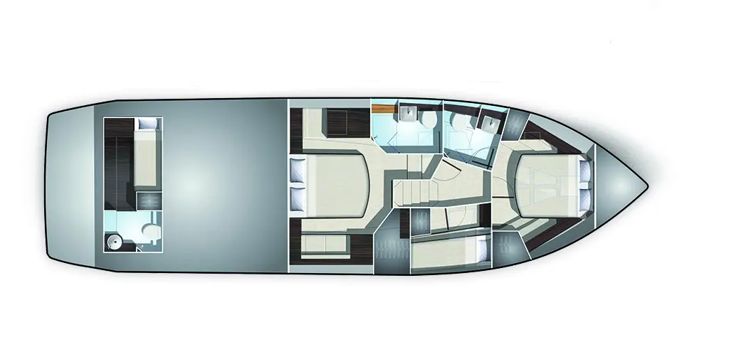 Boat interior layout featuring a living area, kitchen, and bathroom, with detailed room arrangements and furnishings.