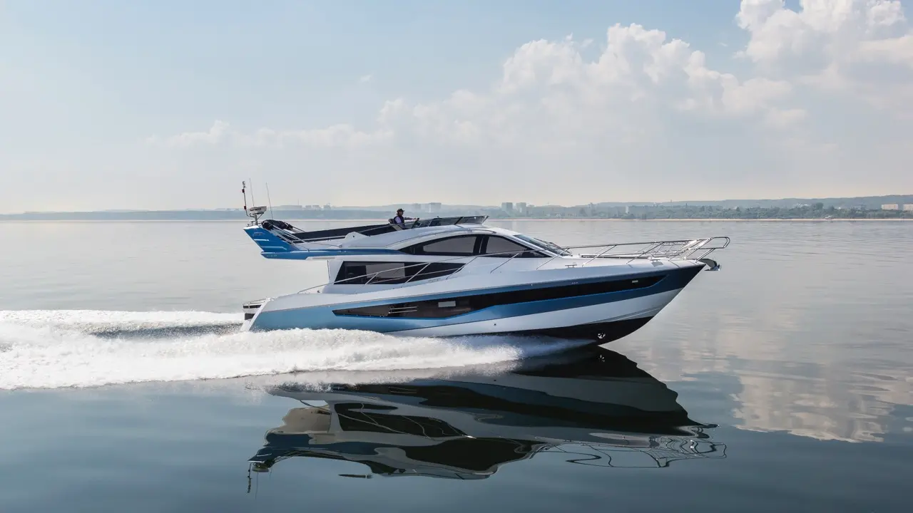 A sleek motor yacht with a blue and white design sails across calm water under a clear sky, leaving a wake behind.