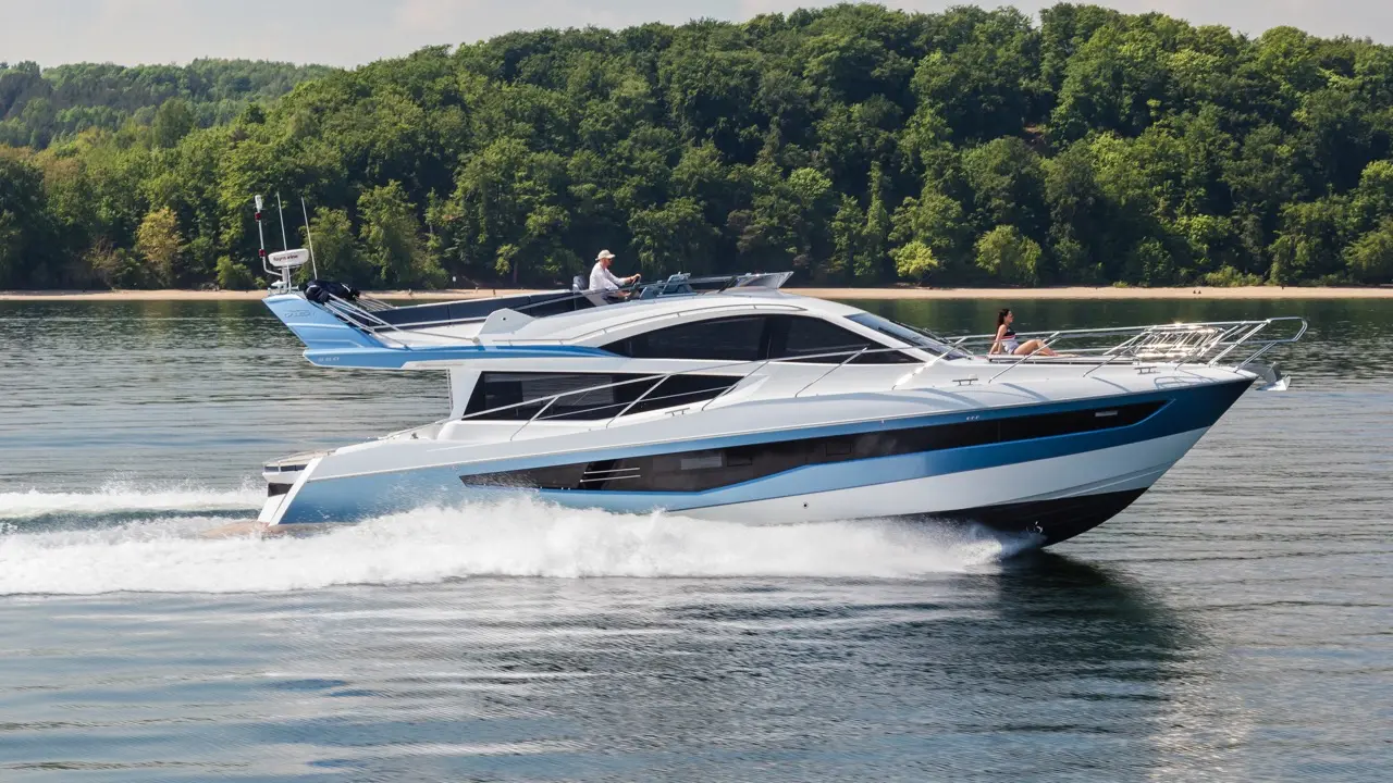 A sleek white luxury yacht speeds across calm waters, with a driver at the helm and a passenger relaxing on the deck.