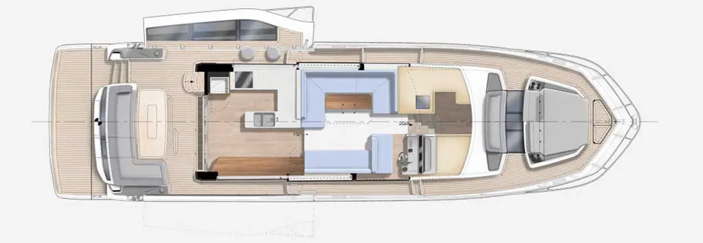 Boat interior layout showing seating, kitchen, and helm area; includes dimensions for design reference and visitor comfort.