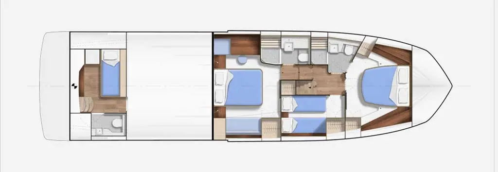 Boat layout featuring two cabins with beds, bathrooms, and a central living area; predominately blue and wood tones.