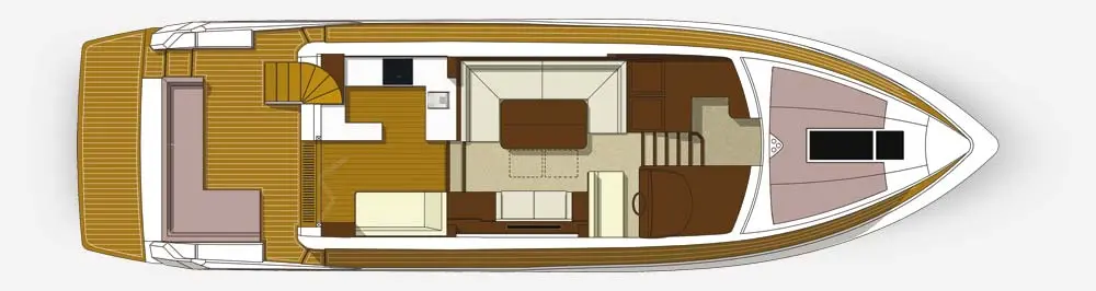 A top-down view of a yacht interior layout featuring seating areas, a dining table, kitchen, and spiral staircase.