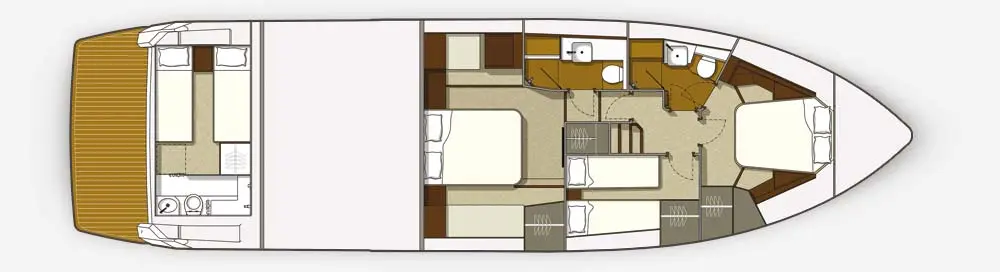 Boat interior layout featuring a galley, two cabins, two bathrooms, and dining area, with beds and storage spaces visible.