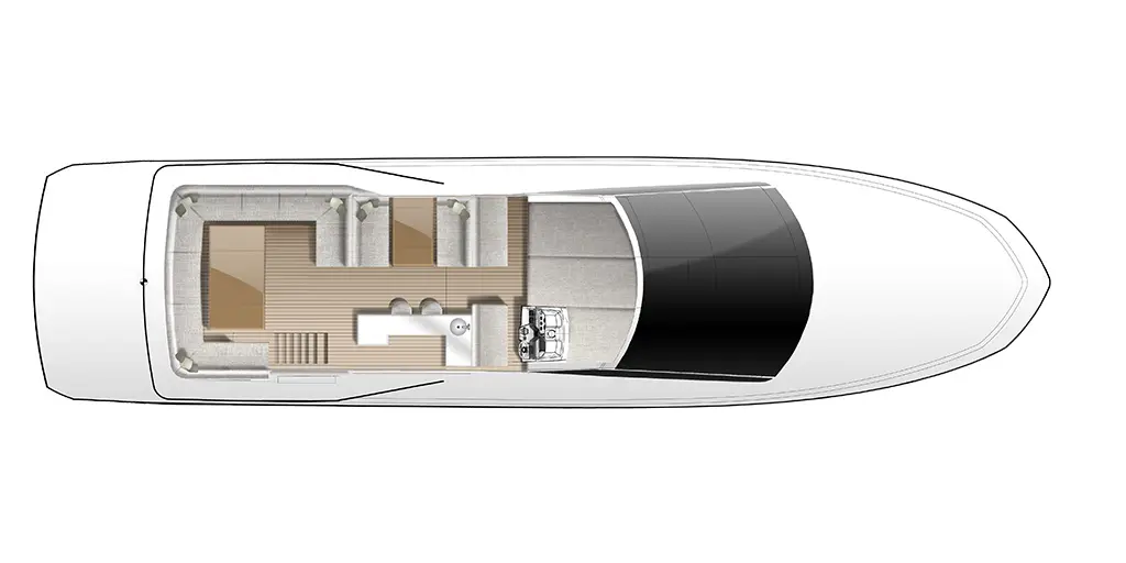 Top view of a modern yacht interior layout, featuring a lounge area, kitchen, and dining space with hardwood flooring.