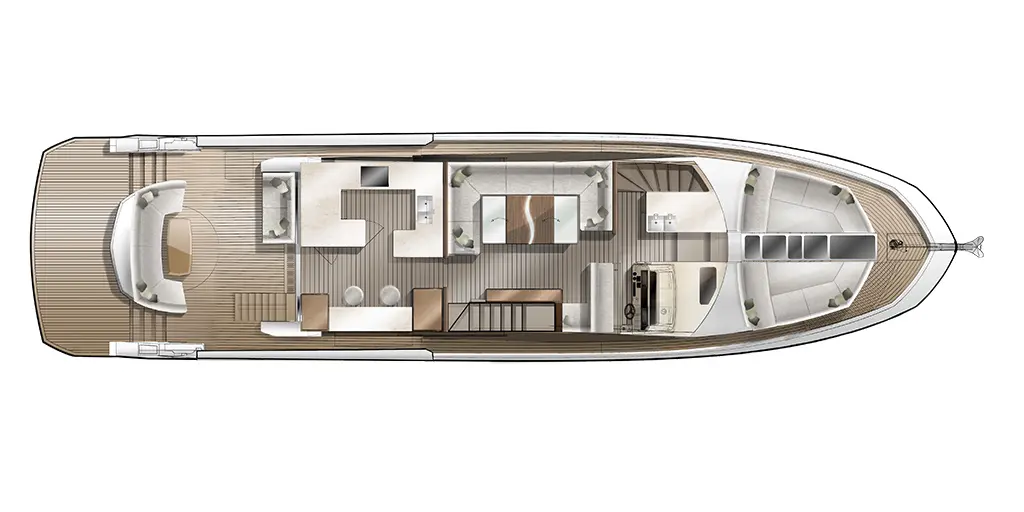 Top view of a luxurious yacht interior layout featuring a spacious kitchen, dining area, and lounge on wooden flooring.