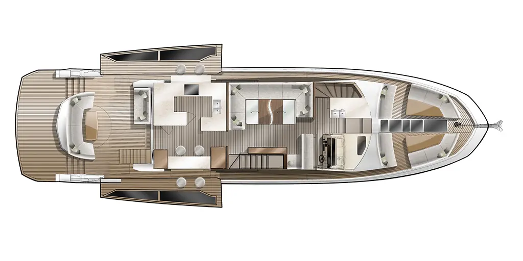 Top view of a luxury yacht's layout, featuring a spacious deck, kitchen, dining area, and lounge with elegant furnishings.