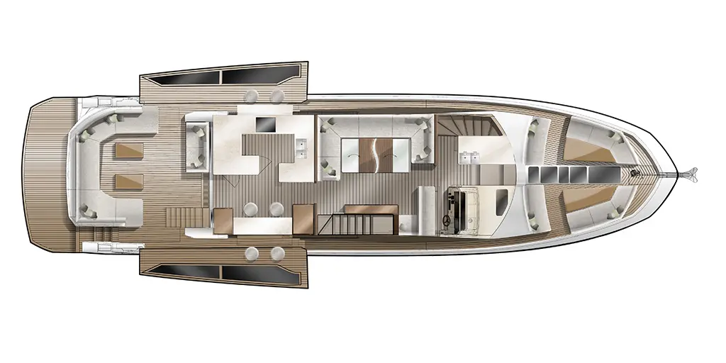 Interior layout of a luxury yacht with spacious lounge, kitchen, and dining area, featuring modern furnishings and wood accents.