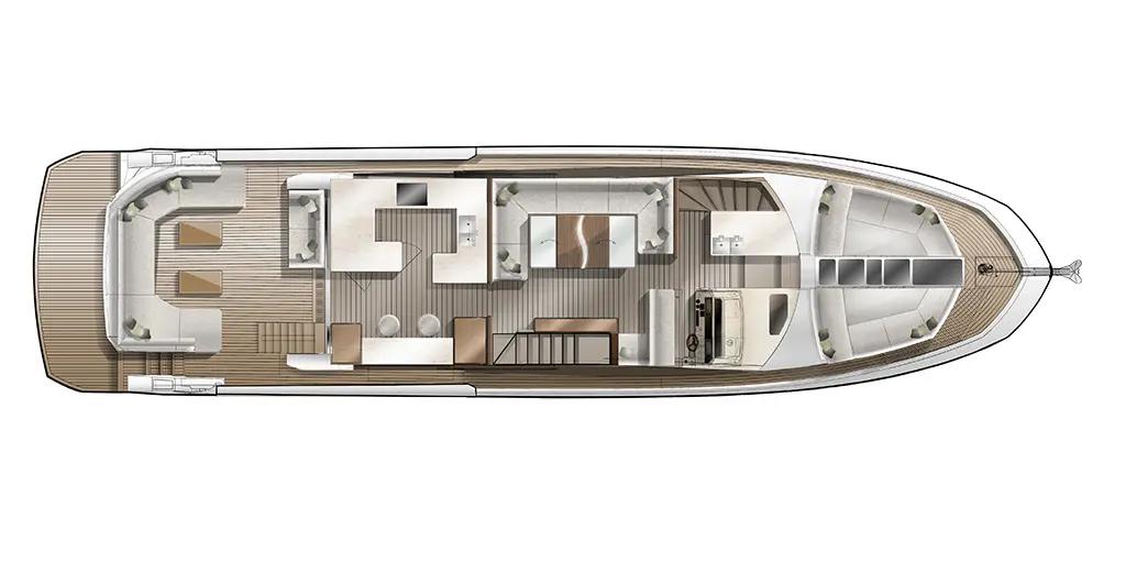 Luxury yacht interior layout featuring spacious living areas, kitchen, dining, and seating arrangements.