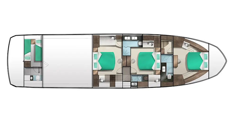 Top-down view of a boat layout featuring two double cabins, bathrooms, and a lounge area with turquoise bedding and modern decor.