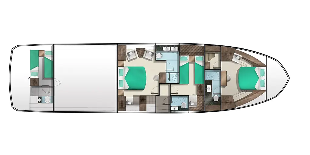 Layout of a stylish yacht interior, featuring four cabins, bathrooms, and a communal living space with turquoise accents.