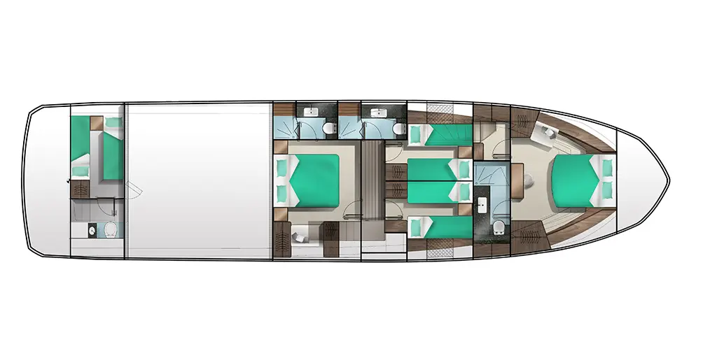 Boat interior layout featuring multiple cabins, ensuite bathrooms, and modern furnishings with turquoise bedding.