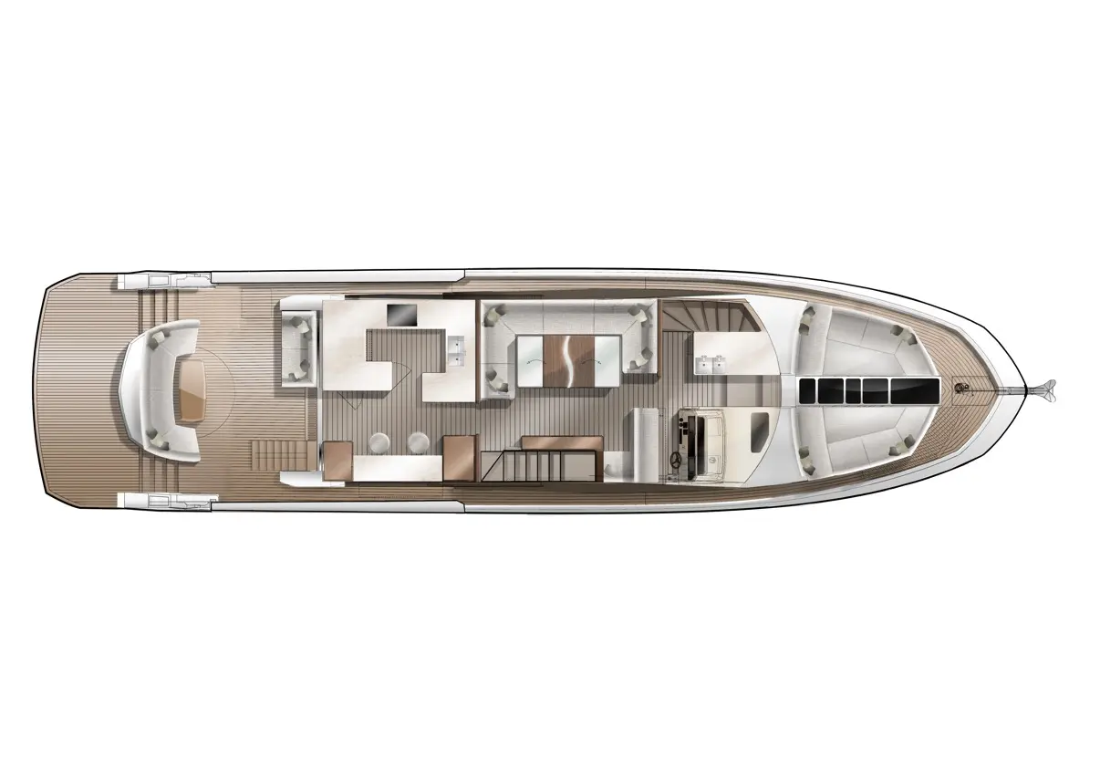 Layout of a luxury yacht interior featuring a galley, seating areas, and stairs, all with a sleek modern design.