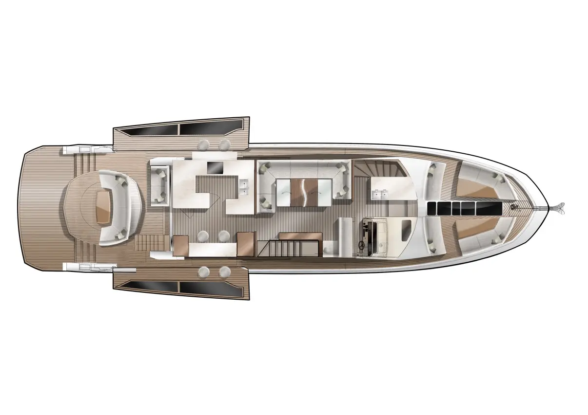 Top-down view of a luxury yacht's interior layout, featuring seating areas, dining table, kitchen, and staircase.