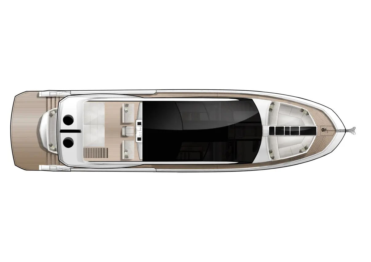 Top view of a luxurious yacht, featuring seating areas, a sunshade, and a modern control panel. Ideal for leisure boating.