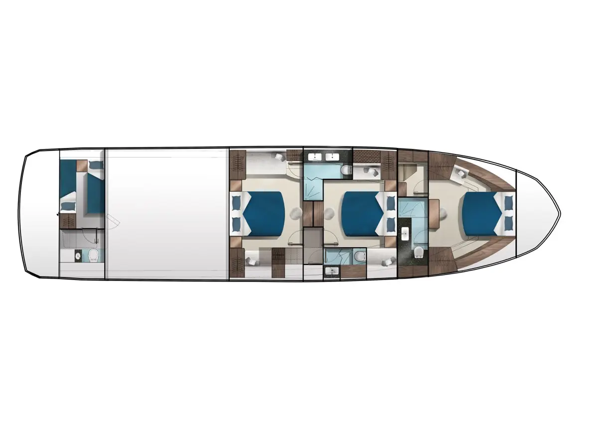 Interior layout of a yacht showing multiple cabins, bathrooms, and a central living area with modern furnishings.