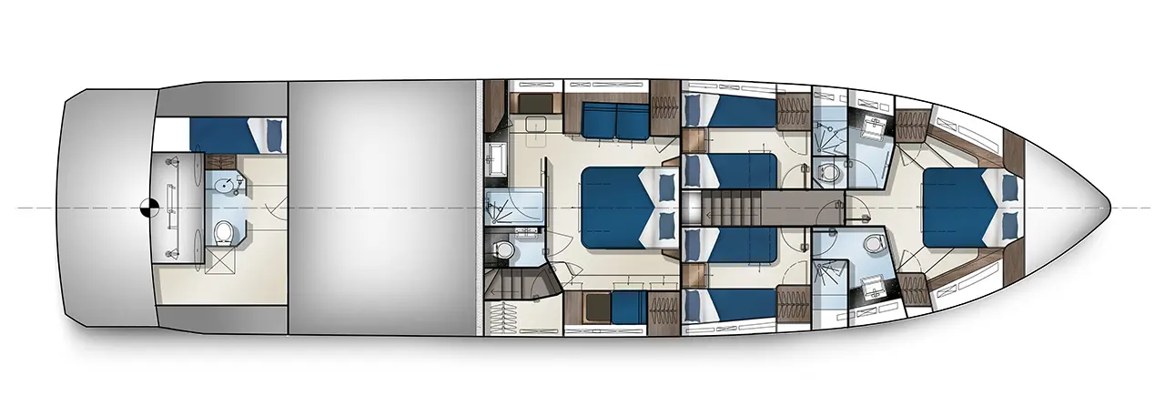 Boat layout featuring two sleeping cabins, two bathrooms, a galley, and a salon area with modern furnishings.