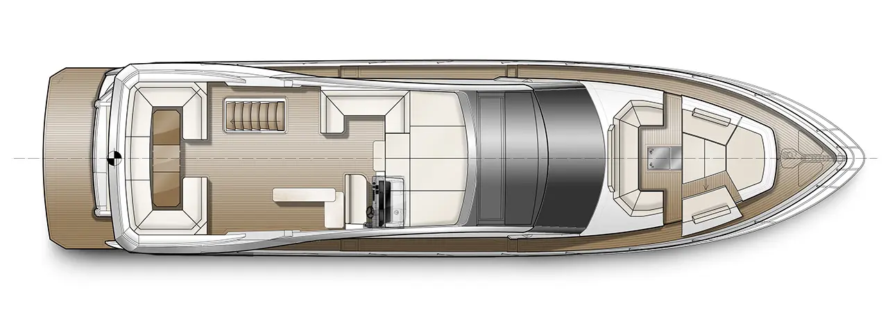 Top view of a luxury yacht interior showing seating areas, helm, and minimalist design elements in a streamlined layout.