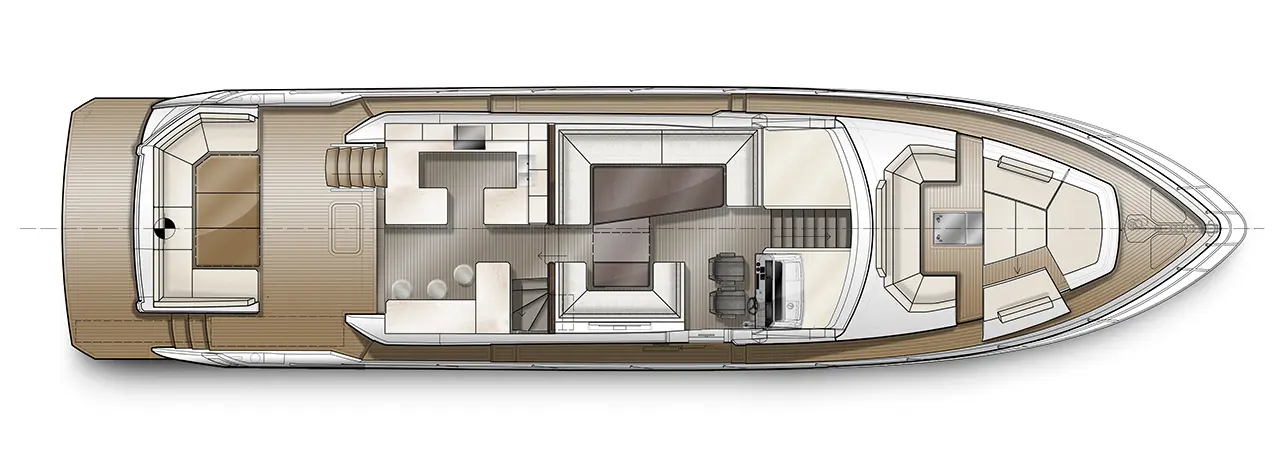 Top-down layout of a luxury yacht, featuring a spacious deck, seating areas, and a stylish interior design.