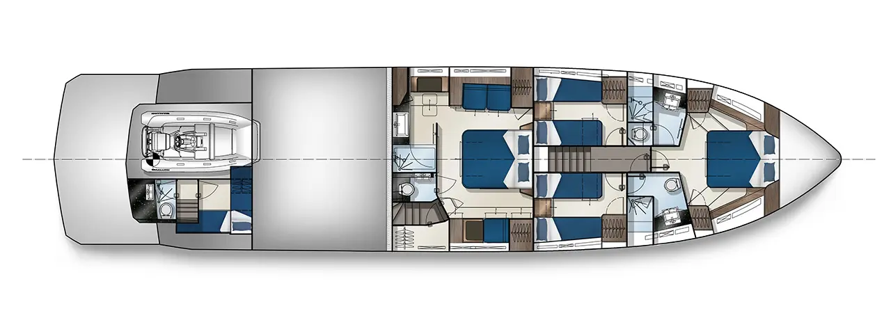 Layout of a yacht interior, featuring cabins, salon, helm, kitchen, and bathroom areas, with furniture and decor details.