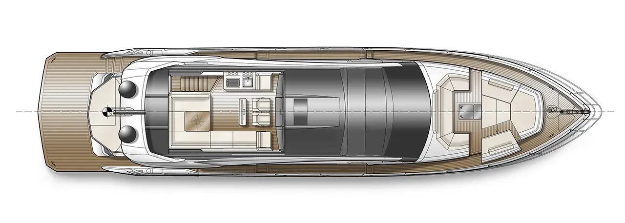Top view of a luxury motor yacht featuring a spacious interior layout, seating areas, and sunbathing deck.