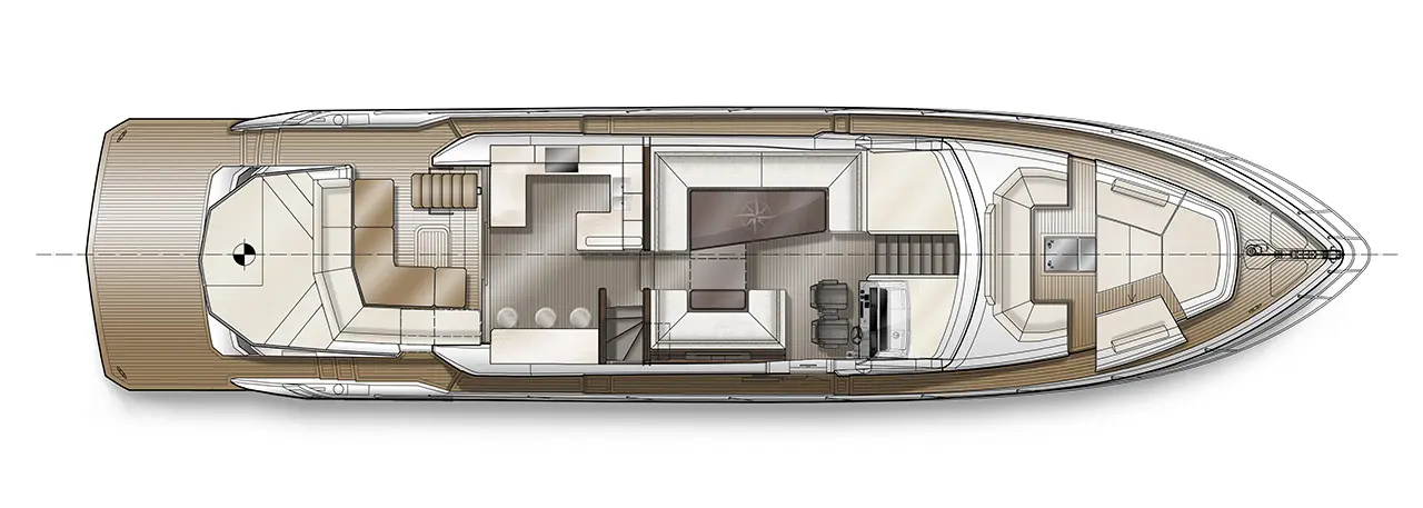 Top view of a luxury yacht layout featuring a spacious deck, seating areas, and a helm station for navigation.