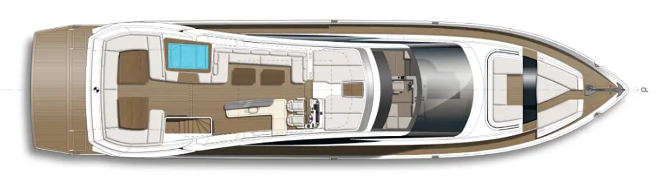 Top view of a luxury yacht featuring an outdoor lounge area, sunbathing space, and small pool on the deck.